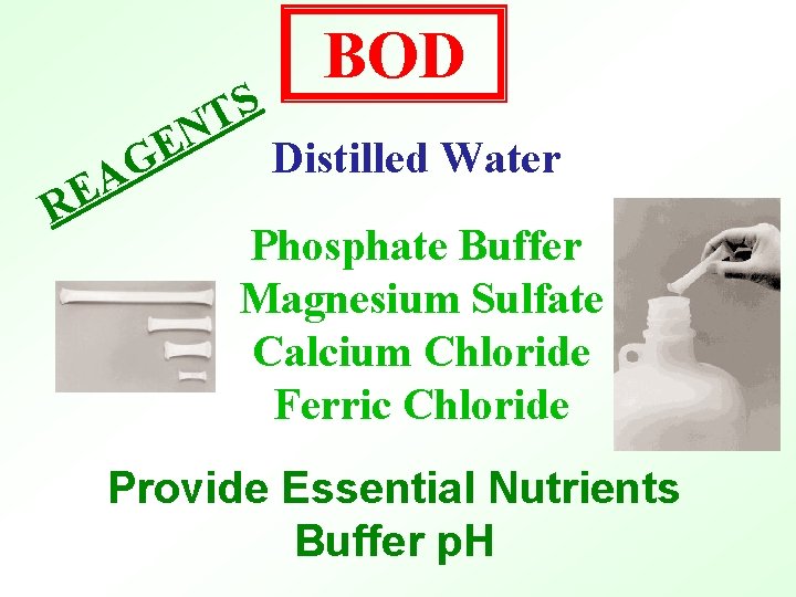 S T N E RE G A BOD Distilled Water Phosphate Buffer Magnesium Sulfate