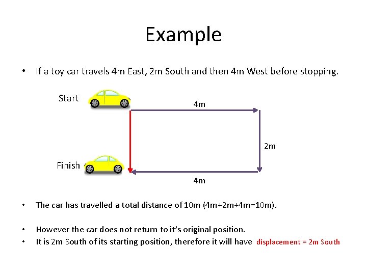 Example • If a toy car travels 4 m East, 2 m South and