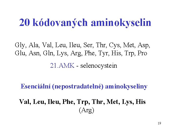20 kódovaných aminokyselin Gly, Ala, Val, Leu, Ileu, Ser, Thr, Cys, Met, Asp, Glu,