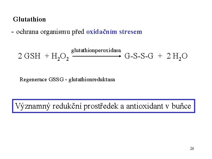 Glutathion - ochrana organismu před oxidačním stresem 2 GSH + H 2 O 2