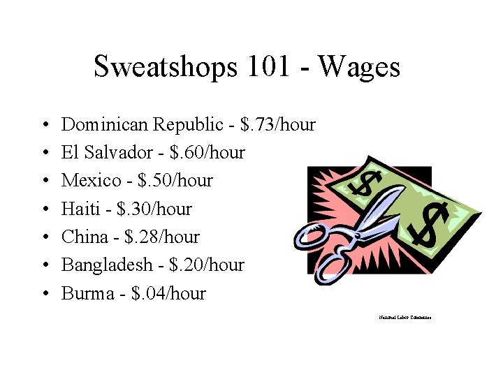 Sweatshops 101 - Wages • • Dominican Republic - $. 73/hour El Salvador -