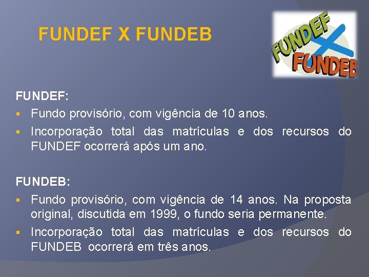 FUNDEF X FUNDEB FUNDEF: § Fundo provisório, com vigência de 10 anos. § Incorporação