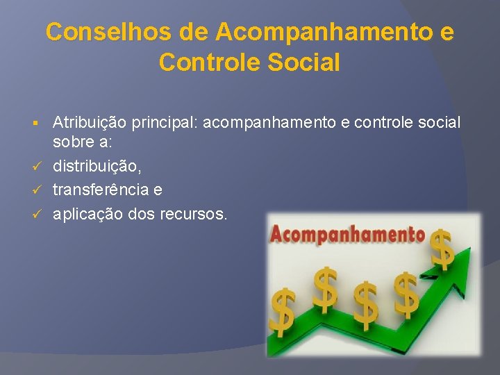 Conselhos de Acompanhamento e Controle Social Atribuição principal: acompanhamento e controle social sobre a: