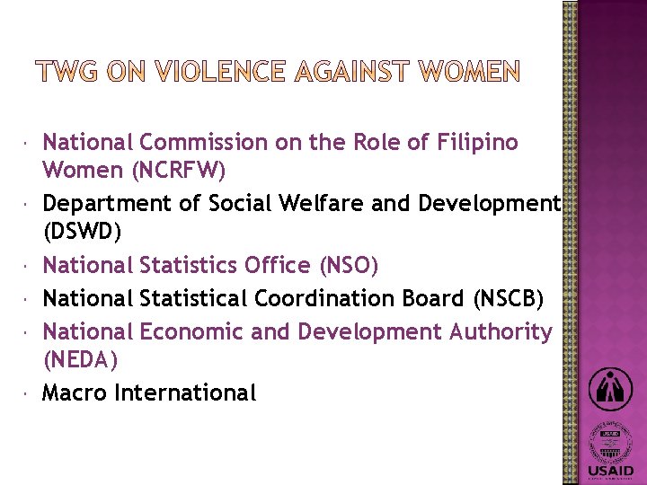  National Commission on the Role of Filipino Women (NCRFW) Department of Social Welfare