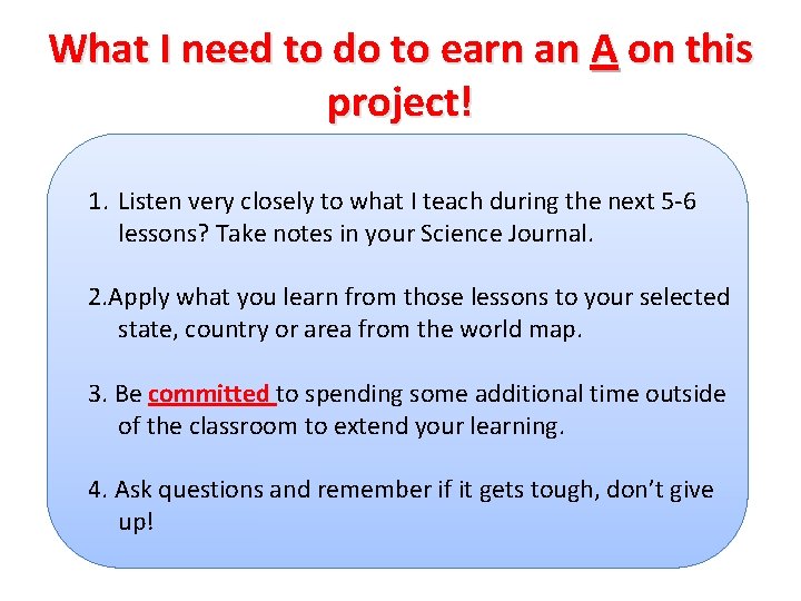 What I need to do to earn an A on this project! 1. Listen
