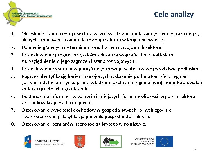 Cele analizy 1. 2. 3. 4. 5. 6. 7. 8. Określenie stanu rozwoju sektora