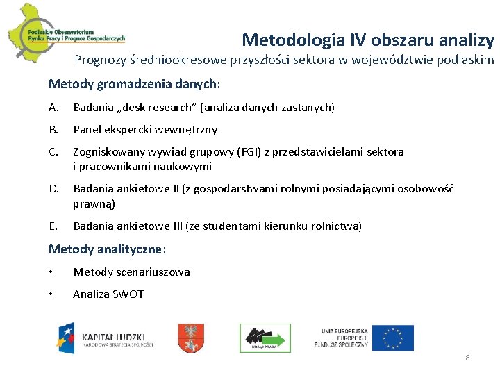 Metodologia IV obszaru analizy Prognozy średniookresowe przyszłości sektora w województwie podlaskim Metody gromadzenia danych: