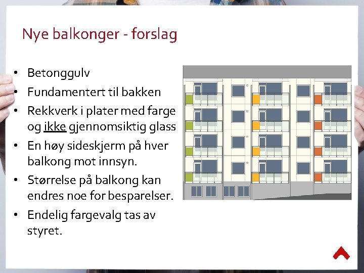 Nye balkonger - forslag • Betonggulv • Fundamentert til bakken • Rekkverk i plater