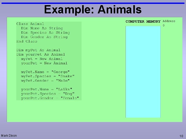 Example: Animals Mark Dixon 10 