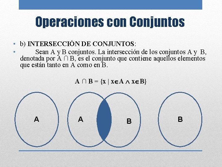 Operaciones con Conjuntos • b) INTERSECCIÓN DE CONJUNTOS: • Sean A y B conjuntos.