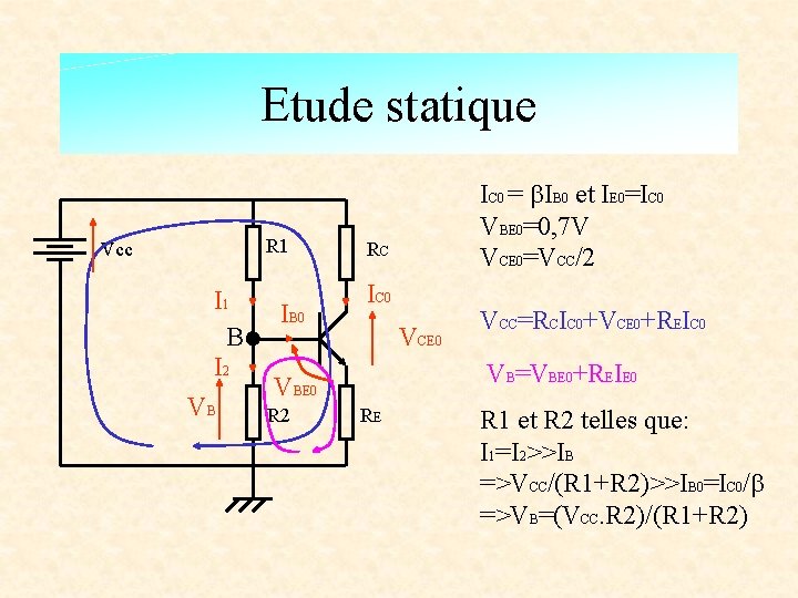 Etude statique R 1 Vcc I 1 B I 2 VB IB 0 RC