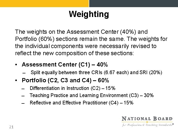 Weighting The weights on the Assessment Center (40%) and Portfolio (60%) sections remain the