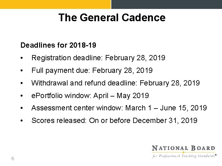 The General Cadence Deadlines for 2018 -19 6 • Registration deadline: February 28, 2019