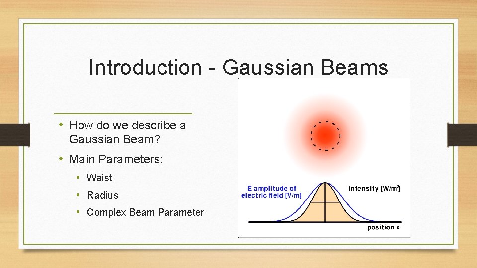 Introduction - Gaussian Beams • How do we describe a Gaussian Beam? • Main