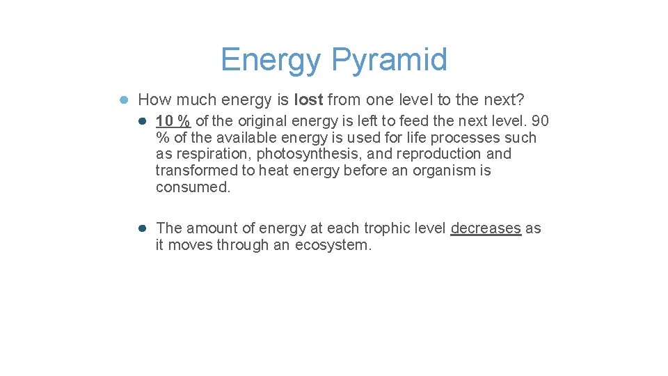 Energy Pyramid ● How much energy is lost from one level to the next?