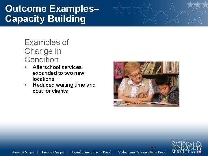 Outcome Examples– Capacity Building Examples of Change in Condition • • Afterschool services expanded