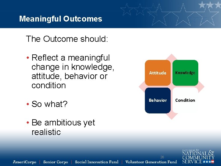 Meaningful Outcomes The Outcome should: • Reflect a meaningful change in knowledge, attitude, behavior