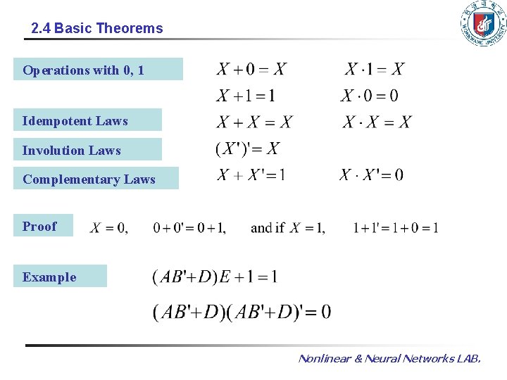 2. 4 Basic Theorems Operations with 0, 1 Idempotent Laws Involution Laws Complementary Laws 2. 4 Basic Theorems Operations with 0, 1 Idempotent Laws Involution Laws Complementary Laws