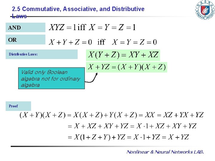 2. 5 Commutative, Associative, and Distributive Laws AND OR Distributive Laws: Valid only Boolean 2. 5 Commutative, Associative, and Distributive Laws AND OR Distributive Laws: Valid only Boolean