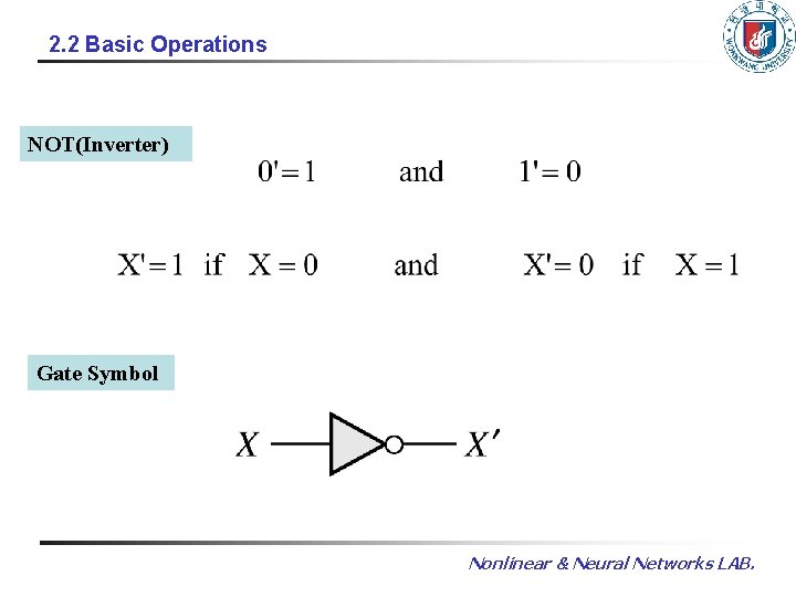 2. 2 Basic Operations NOT(Inverter) Gate Symbol Nonlinear & Neural Networks LAB. 2. 2 Basic Operations NOT(Inverter) Gate Symbol Nonlinear & Neural Networks LAB.