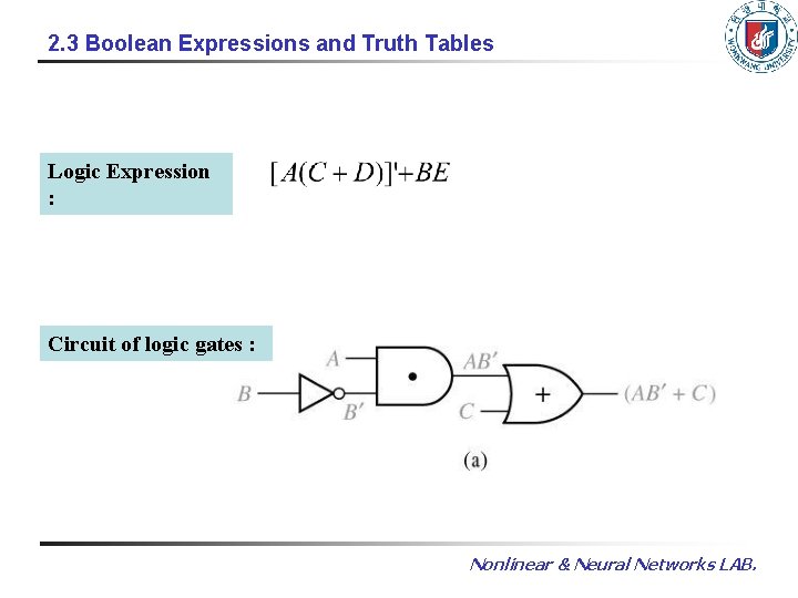 2. 3 Boolean Expressions and Truth Tables Logic Expression : Circuit of logic gates 2. 3 Boolean Expressions and Truth Tables Logic Expression : Circuit of logic gates