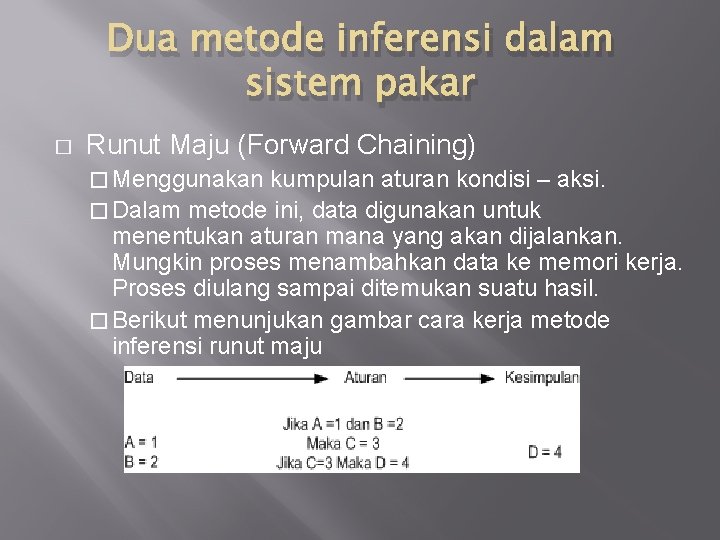 Dua metode inferensi dalam sistem pakar � Runut Maju (Forward Chaining) � Menggunakan kumpulan