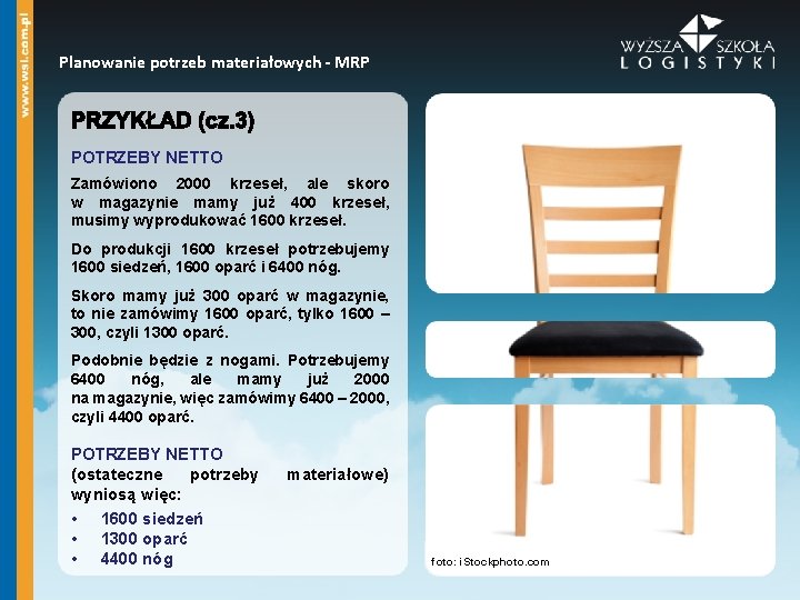 Planowanie potrzeb materiałowych - MRP POTRZEBY NETTO Zamówiono 2000 krzeseł, ale skoro w magazynie