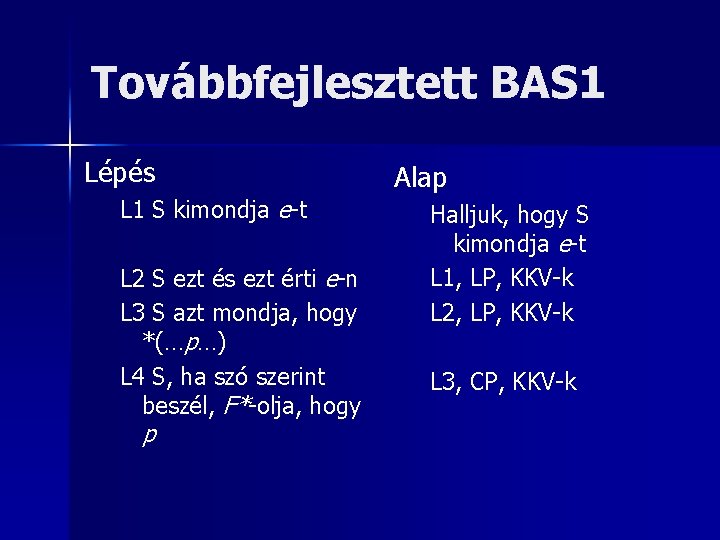 Továbbfejlesztett BAS 1 Lépés L 1 S kimondja e-t L 2 S ezt és