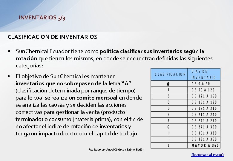 INVENTARIOS 3/3 CLASIFICACIÓN DE INVENTARIOS • Sun. Chemical Ecuador tiene como política clasificar sus