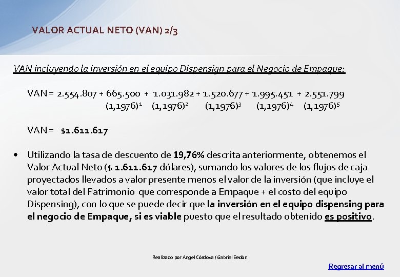 VALOR ACTUAL NETO (VAN) 2/3 VAN incluyendo la inversión en el equipo Dispensign para