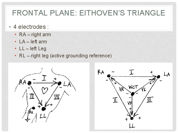 FRONTAL PLANE: EITHOVEN’S TRIANGLE • 4 electrodes : • • RA – right arm