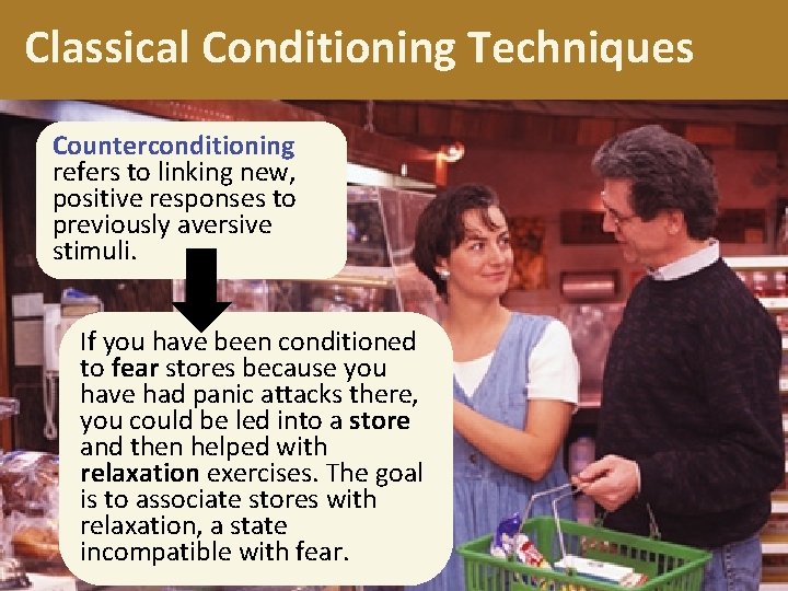 Classical Conditioning Techniques Counterconditioning refers to linking new, positive responses to previously aversive stimuli. Classical Conditioning Techniques Counterconditioning refers to linking new, positive responses to previously aversive stimuli.