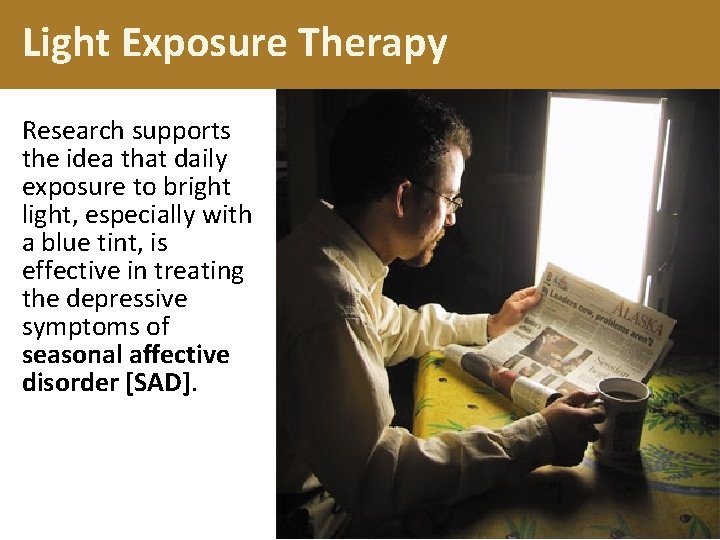 Light Exposure Therapy Research supports the idea that daily exposure to bright light, especially Light Exposure Therapy Research supports the idea that daily exposure to bright light, especially