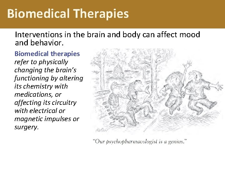 Biomedical Therapies Interventions in the brain and body can affect mood and behavior. Biomedical