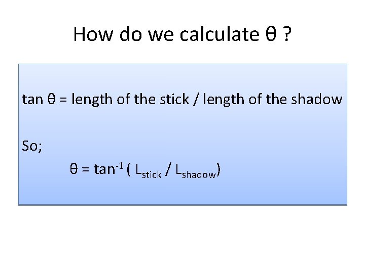 How do we calculate θ ? tan θ = length of the stick /