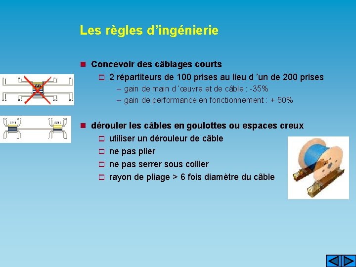 Les règles d’ingénierie n Concevoir des câblages courts o 2 répartiteurs de 100 prises