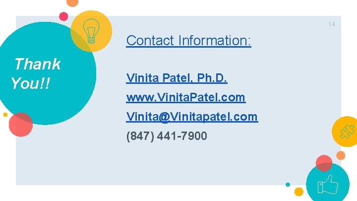 14 Contact Information: Thank You!! Vinita Patel, Ph. D. www. Vinita. Patel. com Vinita@Vinitapatel.