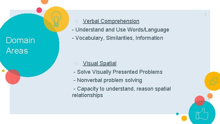 7 ○ Verbal Comprehension - Understand Use Words/Language Domain Areas - Vocabulary, Similarities, Information