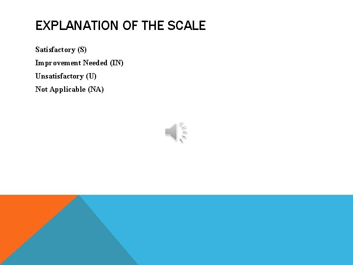 EXPLANATION OF THE SCALE Satisfactory (S) Improvement Needed (IN) Unsatisfactory (U) Not Applicable (NA)