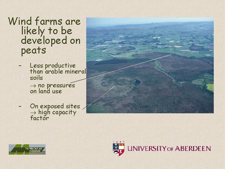 Wind farms are likely to be developed on peats – Less productive than arable