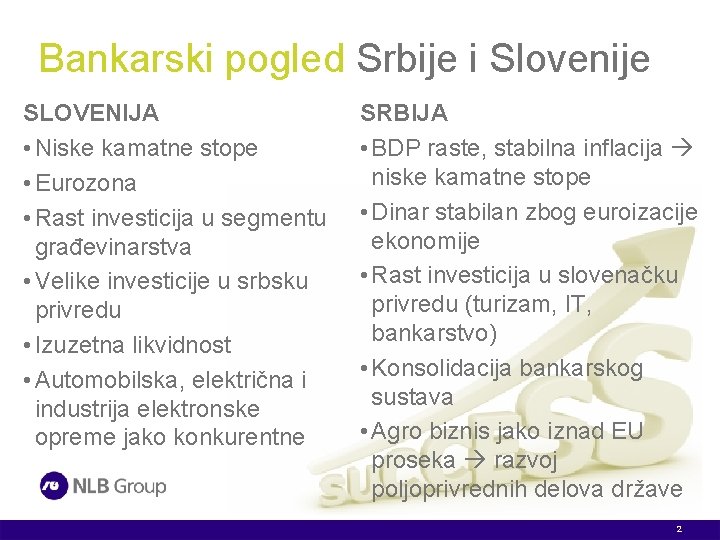 Bankarski pogled Srbije i Slovenije SLOVENIJA • Niske kamatne stope • Eurozona • Rast