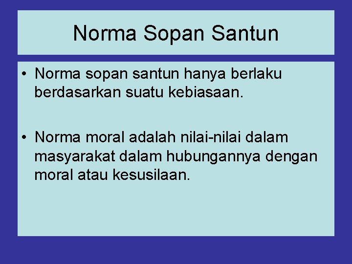 Norma Sopan Santun • Norma sopan santun hanya berlaku berdasarkan suatu kebiasaan. • Norma
