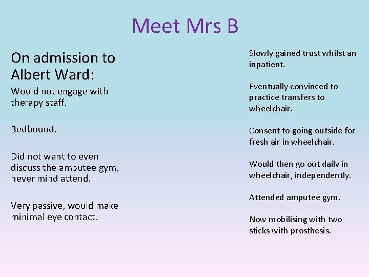 Meet Mrs B On admission to Albert Ward: Slowly gained trust whilst an inpatient.