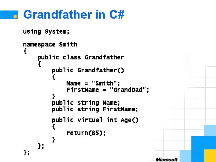 Grandfather in C# using System; namespace Smith { public class Grandfather { public Grandfather()