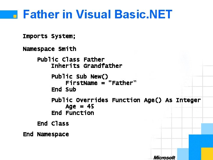 Father in Visual Basic. NET Imports System; Namespace Smith Public Class Father Inherits Grandfather