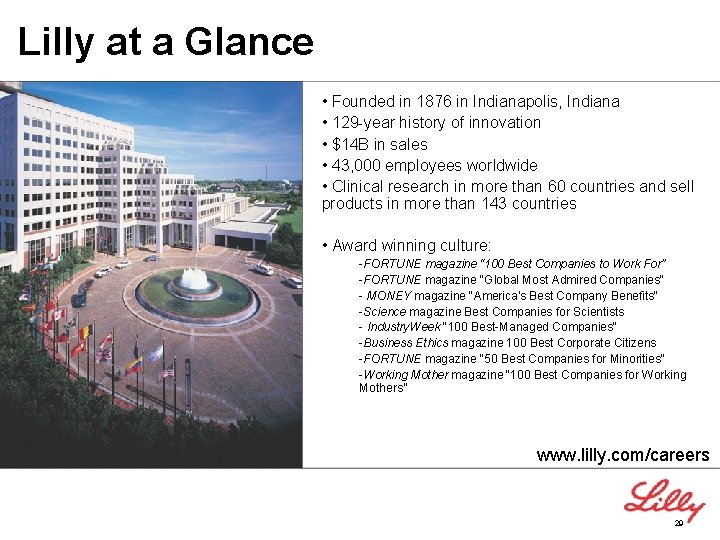 Lilly at a Glance • Founded in 1876 in Indianapolis, Indiana • 129 -year