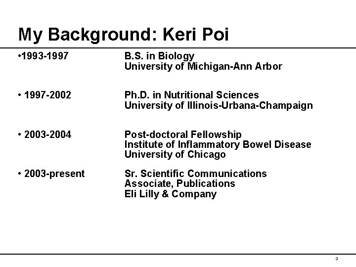 My Background: Keri Poi • 1993 -1997 B. S. in Biology University of Michigan-Ann