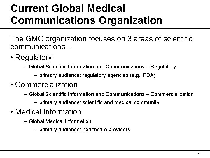 Current Global Medical Communications Organization The GMC organization focuses on 3 areas of scientific