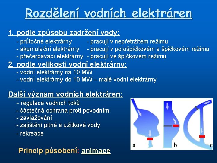 Rozdělení vodních elektráren 1. podle způsobu zadržení vody: - průtočné elektrárny - pracují v