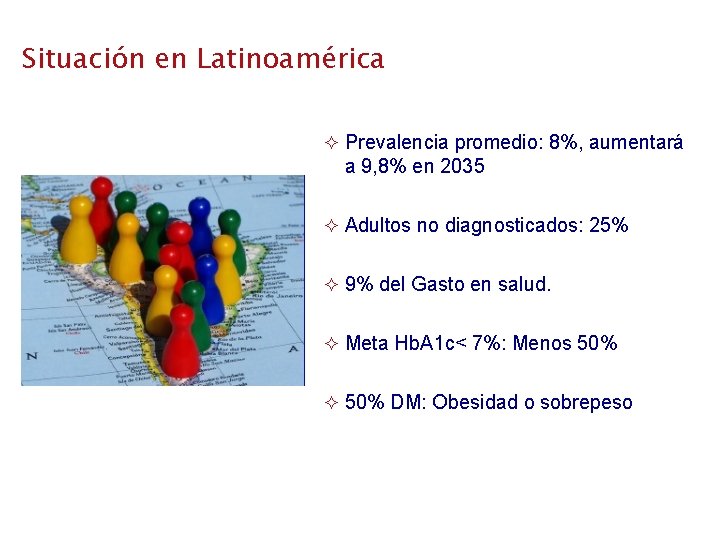 Situación en Latinoamérica Prevalencia promedio: 8%, aumentará a 9, 8% en 2035 Adultos no